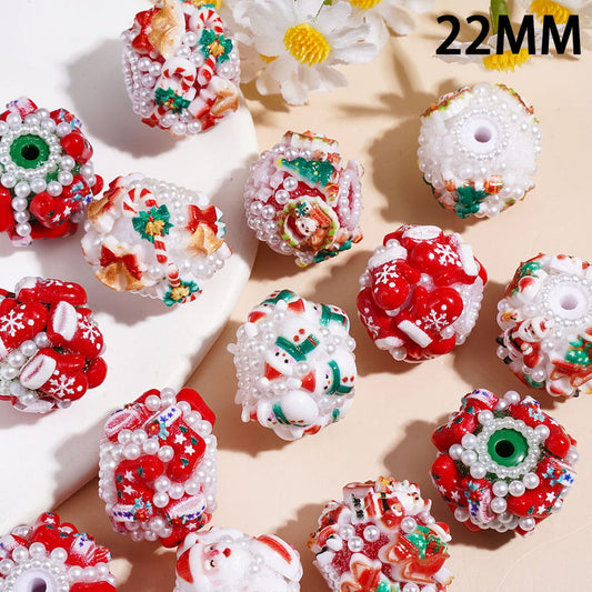 22MM-Christmas Tree Santa Claus Sock Snowman Gloves Bells Sleigh Wreath Candy Cane Acrylic Beads, White Pearls, Red Green White Base