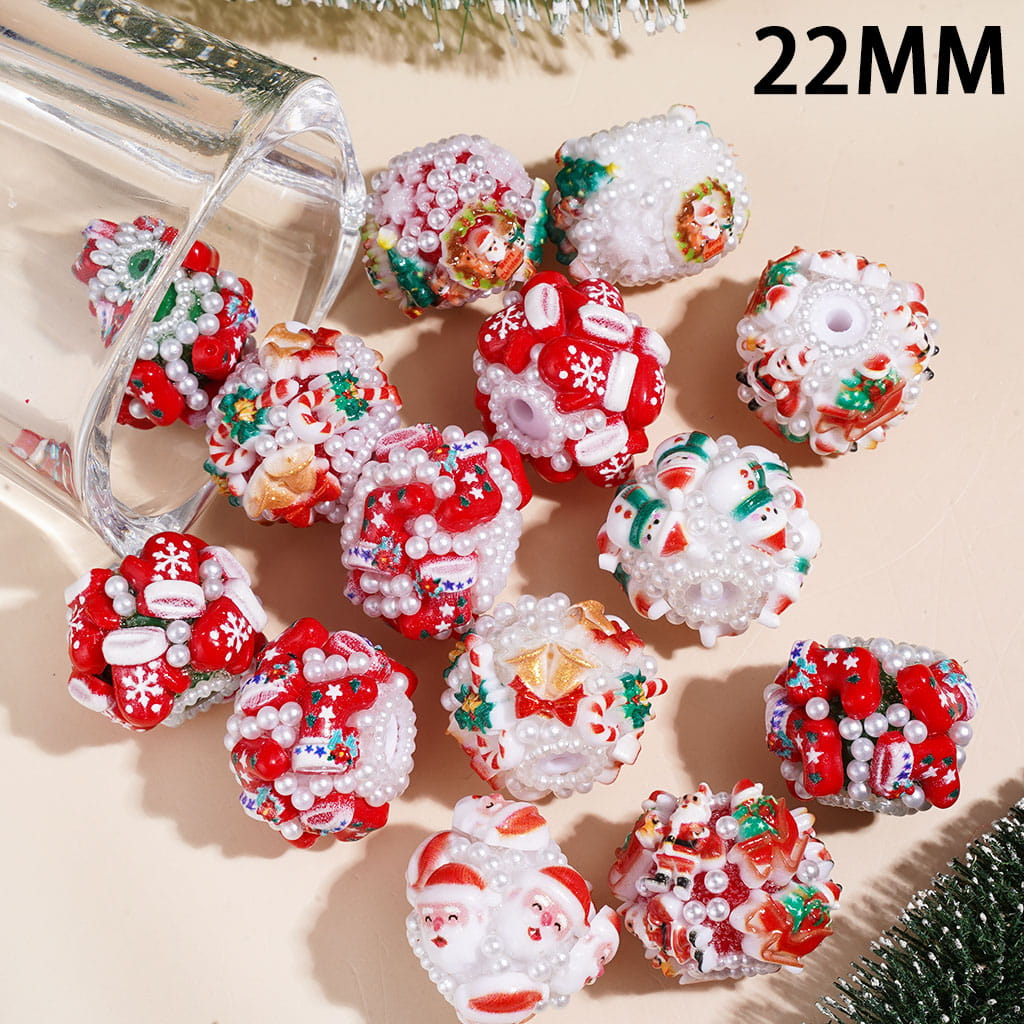 22MM-Christmas Tree Santa Claus Sock Snowman Gloves Bells Sleigh Wreath Candy Cane Acrylic Beads, White Pearls, Red Green White Base