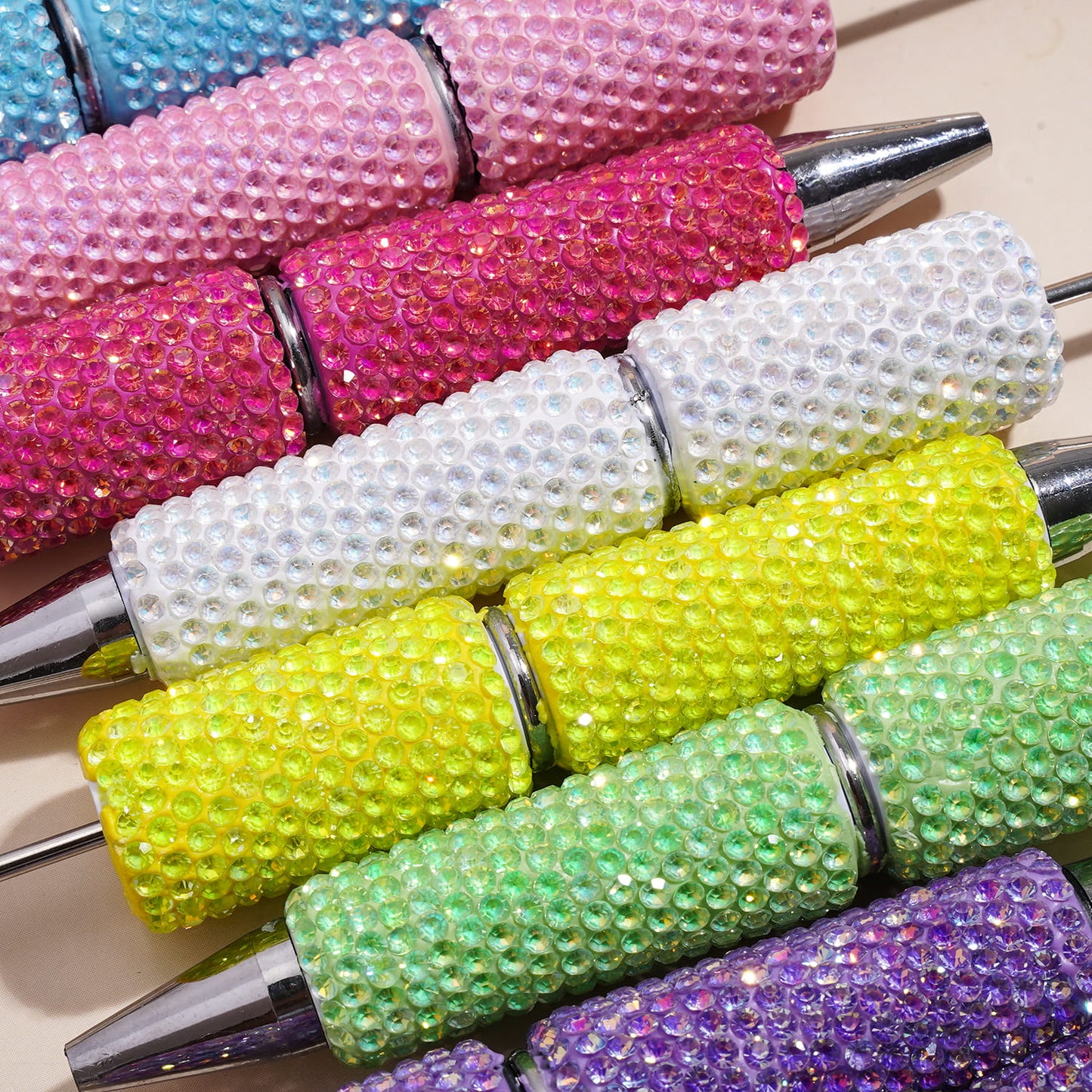 Beadable Clay Pens with Sparkling Iridescent Rhinestones Covered the Entire Pens, Multi-Color