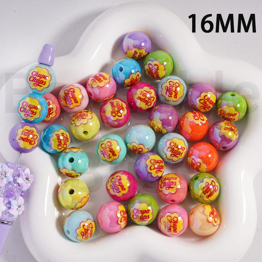 Acrylic Beads UV Coating Chup Chu Lolipop, Solid Color, 16MM, Random Mix
