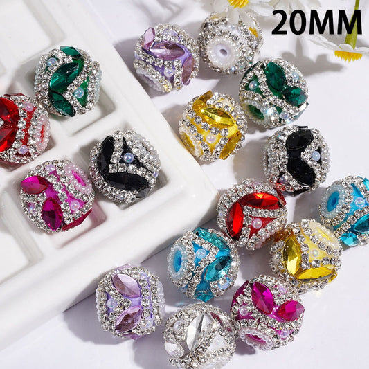 Handmade Acrylic Beads w Leaf Shaped Rhinestones & UV Coated Half-Shell Pearls, Clear Rhinestone & White Pearl Chains, 20MM, Multi-Color