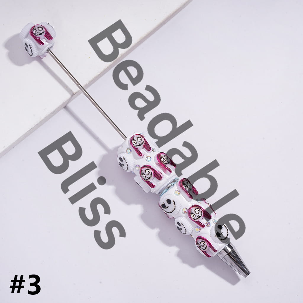 Beadable Clay Pens with Halloween Skeleton Couple Character Series and AB Rhinestones