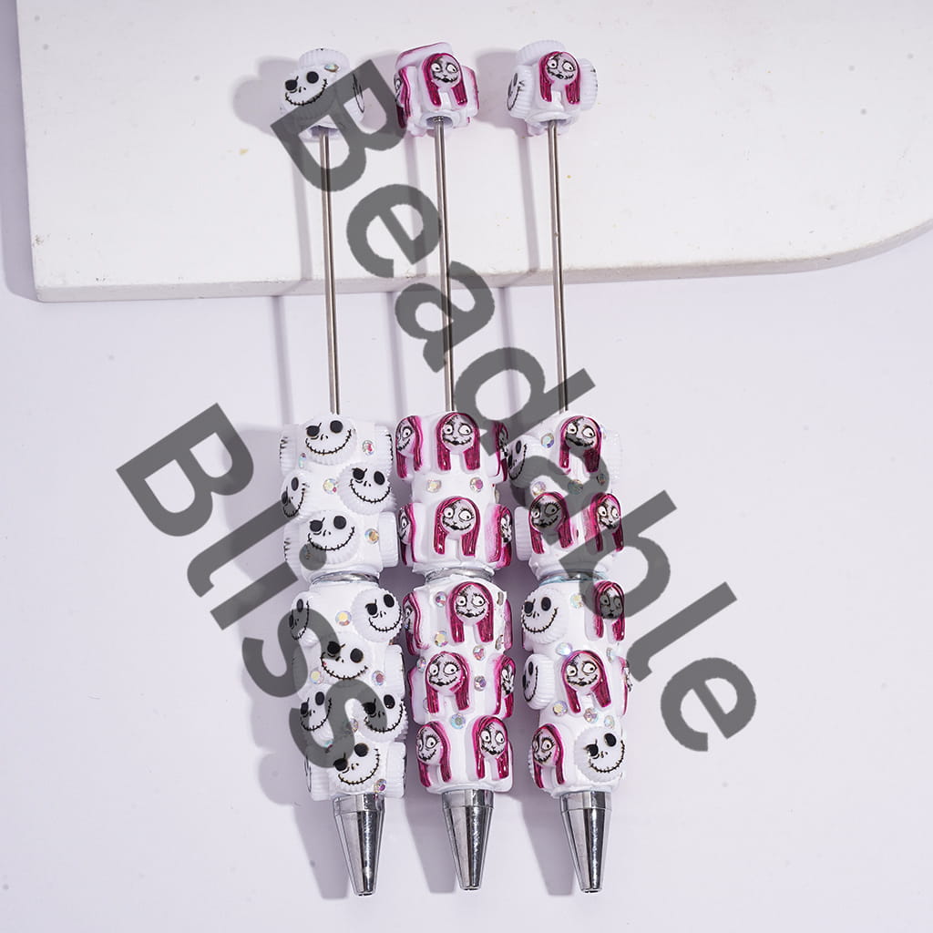 Beadable Clay Pens with Halloween Skeleton Couple Character Series and AB Rhinestones