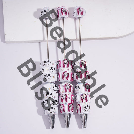 Beadable Clay Pens with Halloween Skeleton Couple Character Series and AB Rhinestones