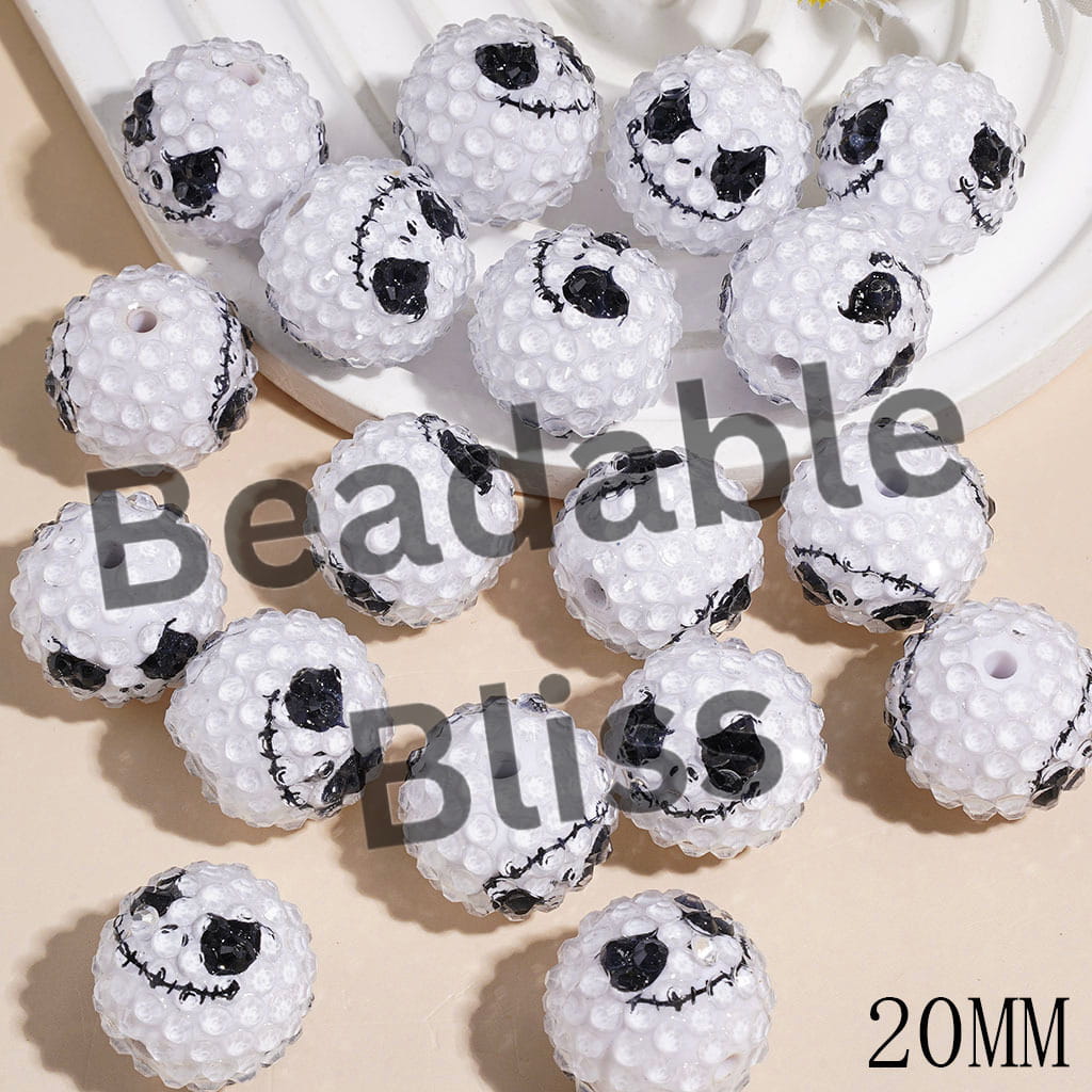 Acrylic Beads with Horror Facial Expression and Clear Rhinestone Halloween Series, 20MM