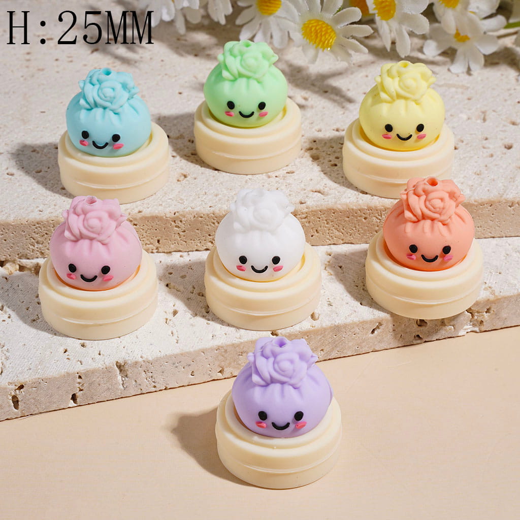 3D Smiling Dumpling with Rose Flower and Steamer Basket Silicone Focal Beads, Height 25MM Multi-Color
