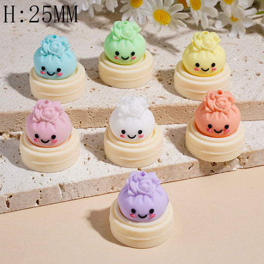 3D Smiling Dumpling with Rose Flower and Steamer Basket Silicone Focal Beads, Height 25MM Multi-Color
