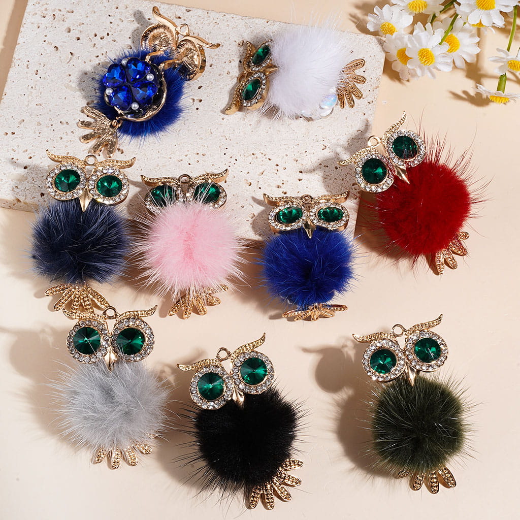 Clay Beads w Cone Shaped Green & Clear Rhinestones on Alloy Owl, Large Fluffy Pom Pom & Metal Pendants Claw, White Pearl Heart & Egg Shaped Rhinestones, Random Mix Multi-Color