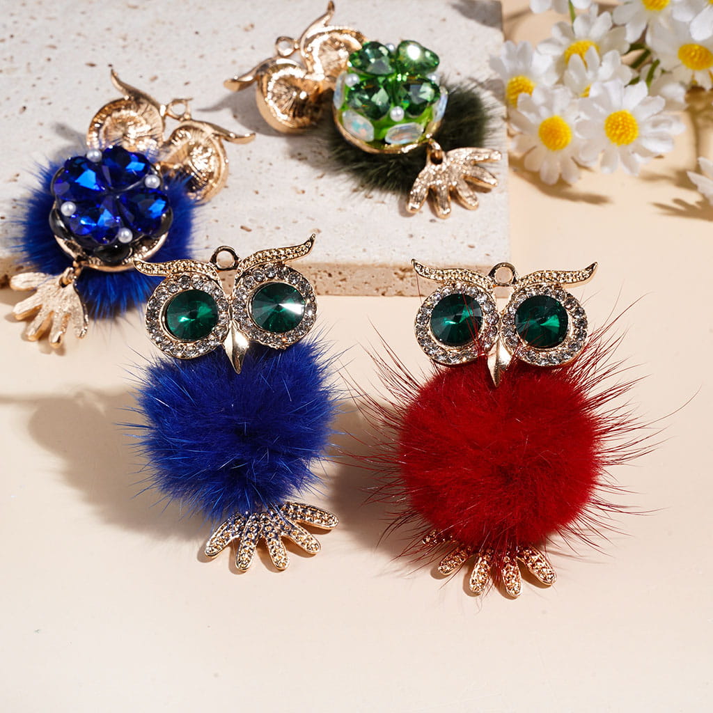 Clay Beads w Cone Shaped Green & Clear Rhinestones on Alloy Owl, Large Fluffy Pom Pom & Metal Pendants Claw, White Pearl Heart & Egg Shaped Rhinestones, Random Mix Multi-Color