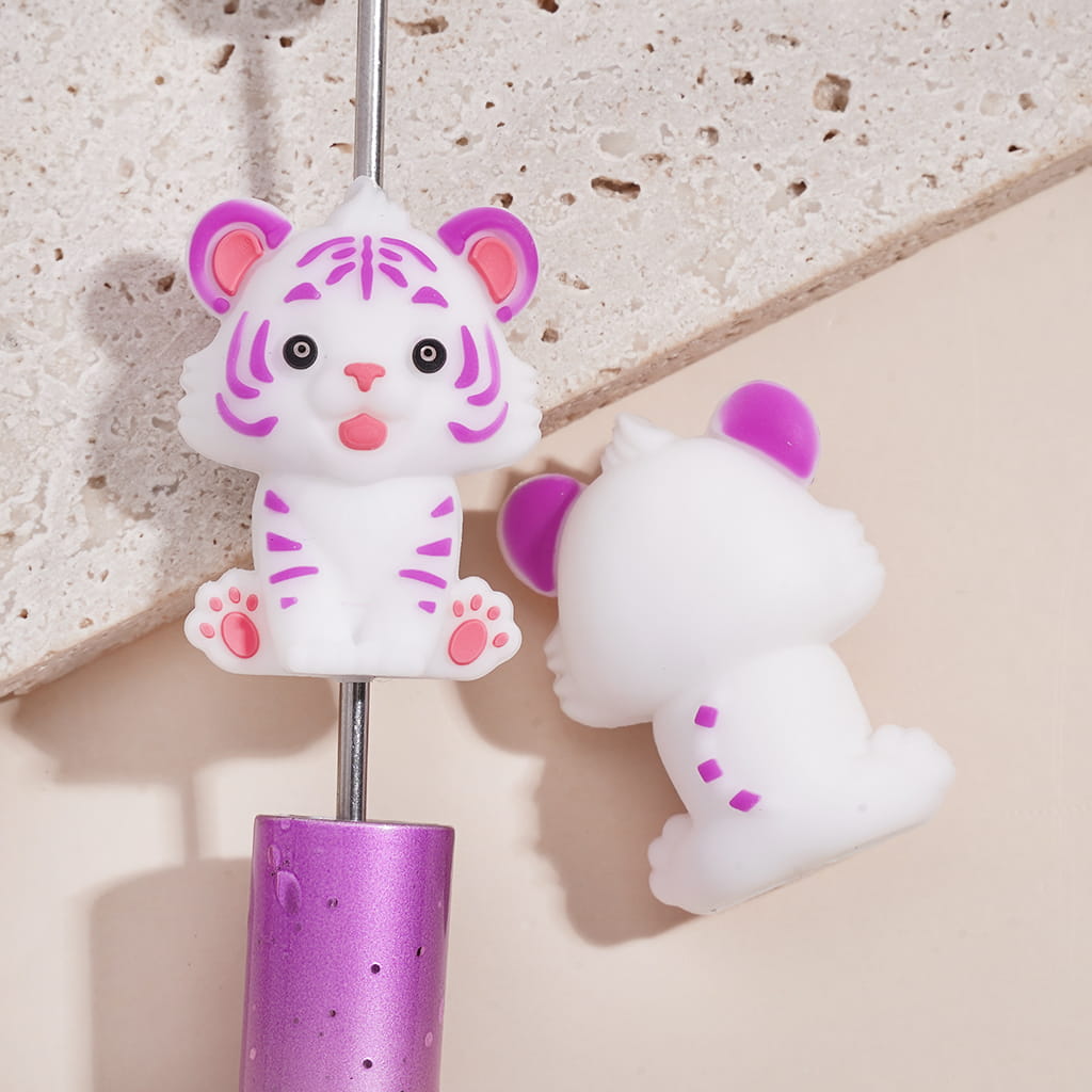 Silicone Focal Beads 3D Lovely White Tiger with Purple and Black Tiger Stripes