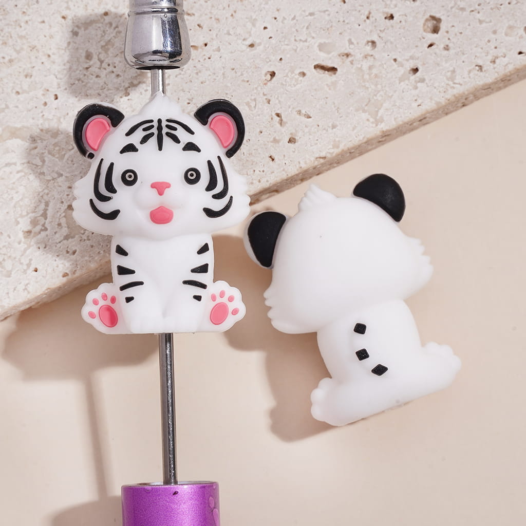 Silicone Focal Beads 3D Lovely White Tiger with Purple and Black Tiger Stripes
