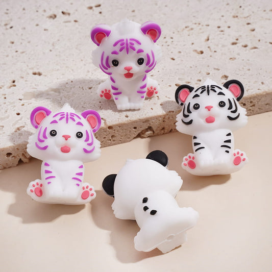 Silicone Focal Beads 3D Lovely White Tiger with Purple and Black Tiger Stripes