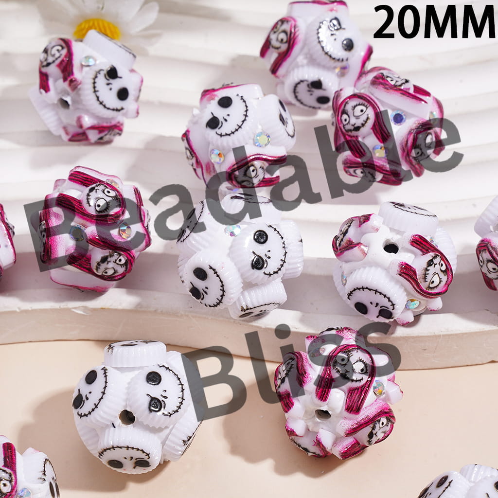 Clay Beads with Halloween Skeleton Couple Character Series and AB Rhinestones, 20MM, Random Mix