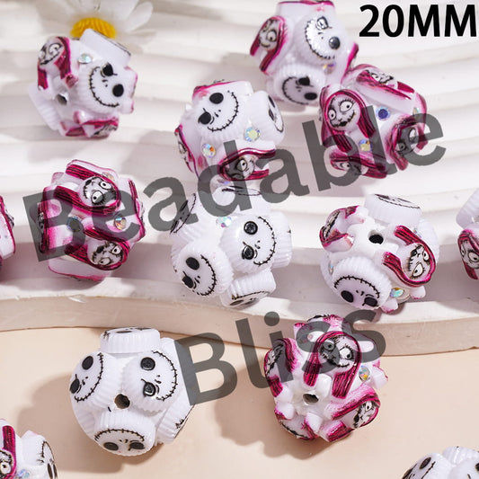 Clay Beads with Halloween Skeleton Couple Character Series and AB Rhinestones, 20MM, Random Mix