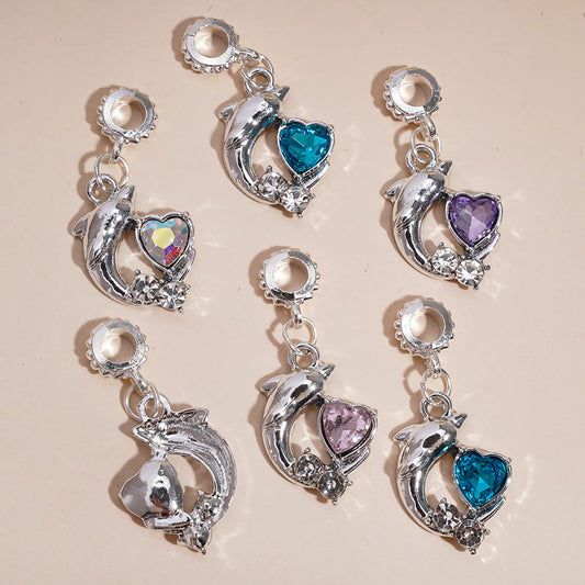 Silver Alloy Bail Ring Beads, Charm Pendants Dolphin with Heart & Round Clear Rhinestones, Jewelry Accessories, Random Mix