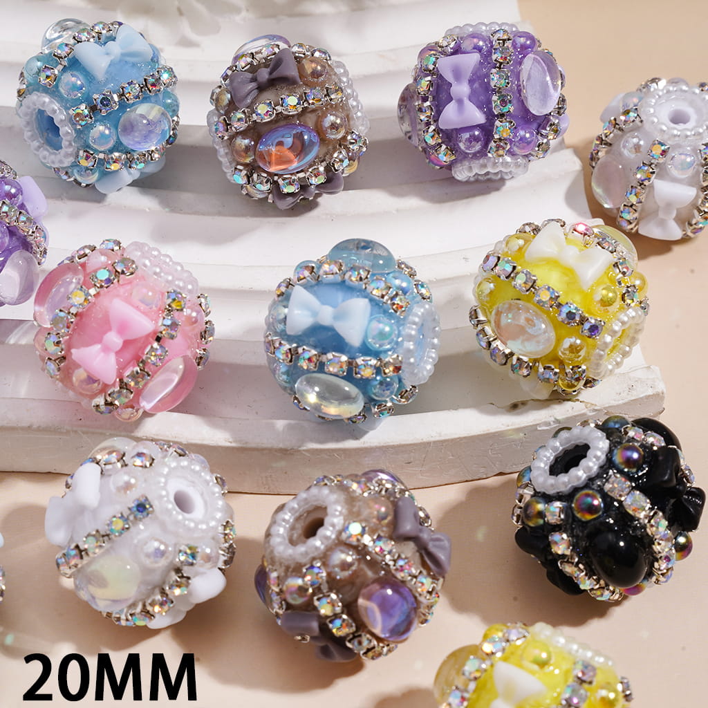 Handmade Acrylic Beads w Bowtie & Oval Rhinestones & UV Coating Half-Shell Pearls, AB Rhinestone & White Pearl Chains, 20MM, Random Mix