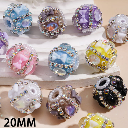 Handmade Acrylic Beads w Bowtie & Oval Rhinestones & UV Coating Half-Shell Pearls, AB Rhinestone & White Pearl Chains, 20MM, Random Mix