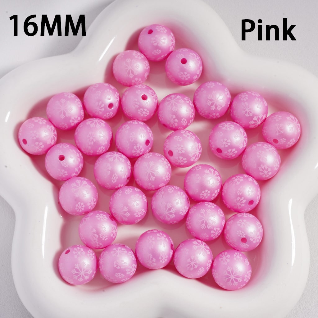 Acrylic Beads Frosted Matte Snowflakes Prints Christmas, Solid Color, 16MM