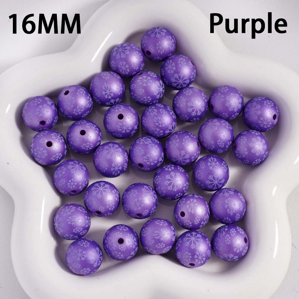 Acrylic Beads Frosted Matte Snowflakes Prints Christmas, Solid Color, 16MM
