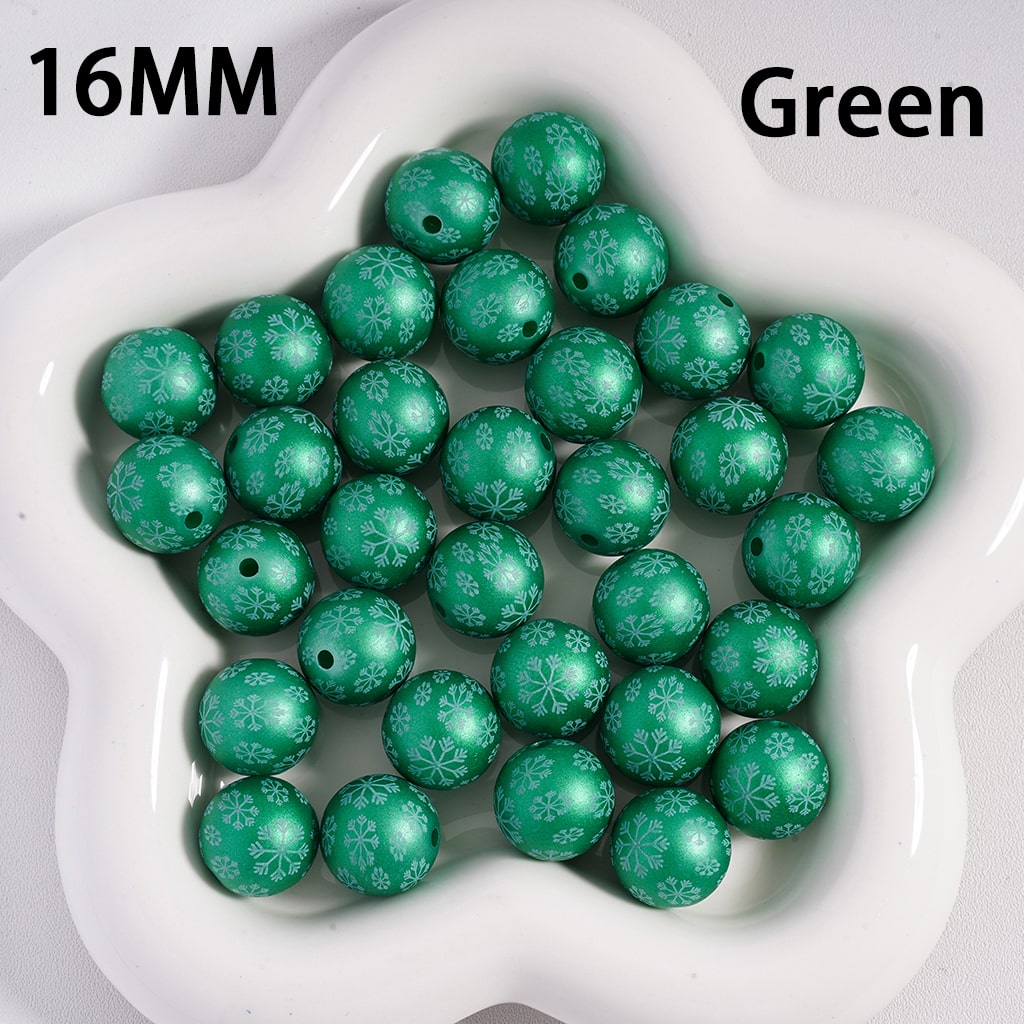 Acrylic Beads Frosted Matte Snowflakes Prints Christmas, Solid Color, 16MM
