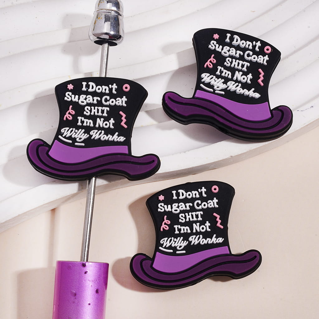 Silicone Focal Beads Purple Black Magic Hat with Text "I Don't Sugar Coat ... I'm Not...", Boy and Chocolate Factory Theme