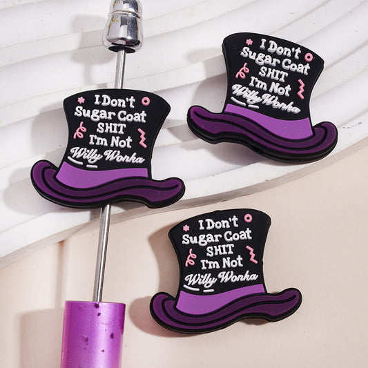 Silicone Focal Beads Purple Black Magic Hat with Text "I Don't Sugar Coat ... I'm Not...", Boy and Chocolate Factory Theme