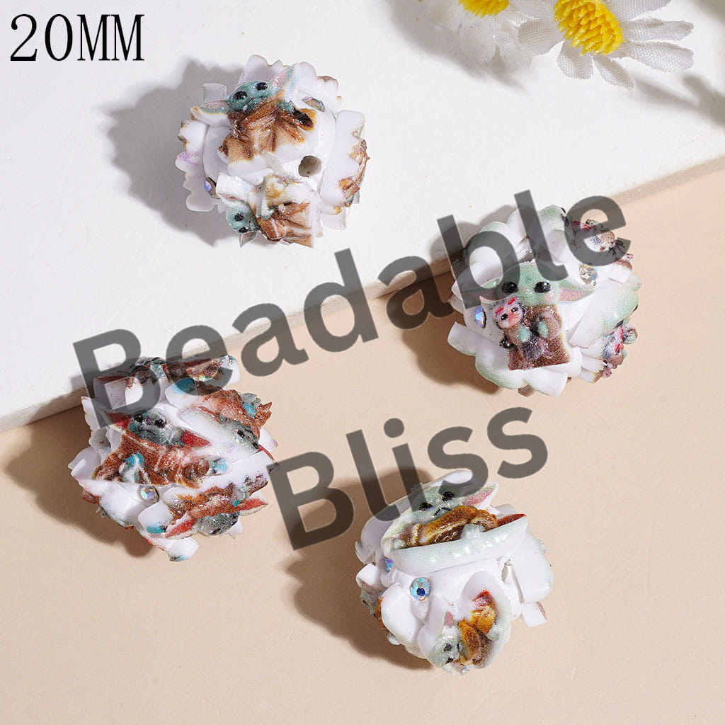 Clay Beads with Green Space Alien Character and AB Rhinestones, 20MM Random Mix