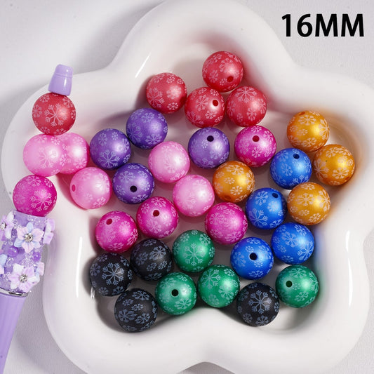 Acrylic Beads Frosted Matte Snowflakes Prints Christmas, Solid Color, 16MM