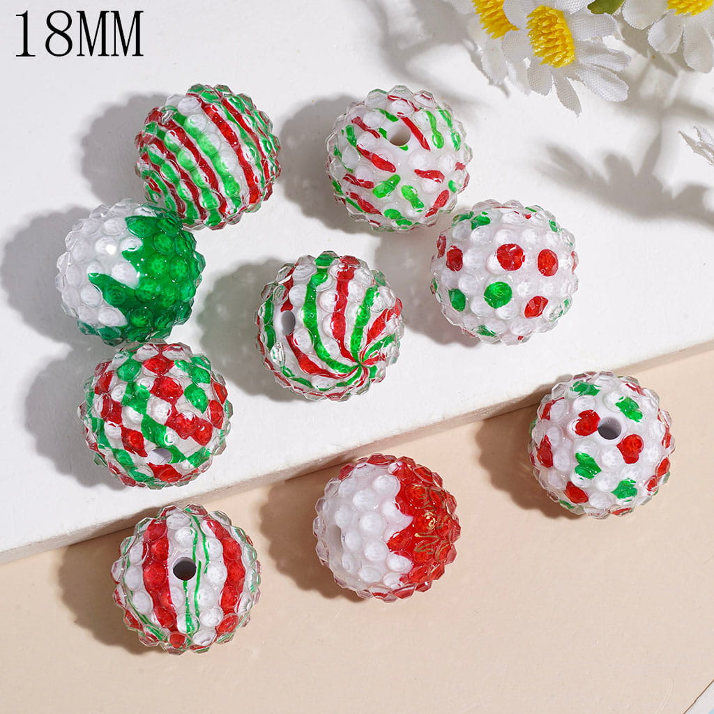 18MM - Clear Rhinestones Covered Entire Acrylic Beads, Christmas Red Green Polka Dots Swirl Stripes Heart Firework Background, Random Mix