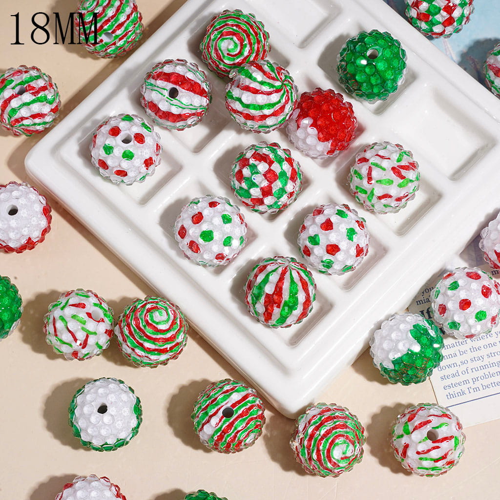 18MM - Clear Rhinestones Covered Entire Acrylic Beads, Christmas Red Green Polka Dots Swirl Stripes Heart Firework Background, Random Mix