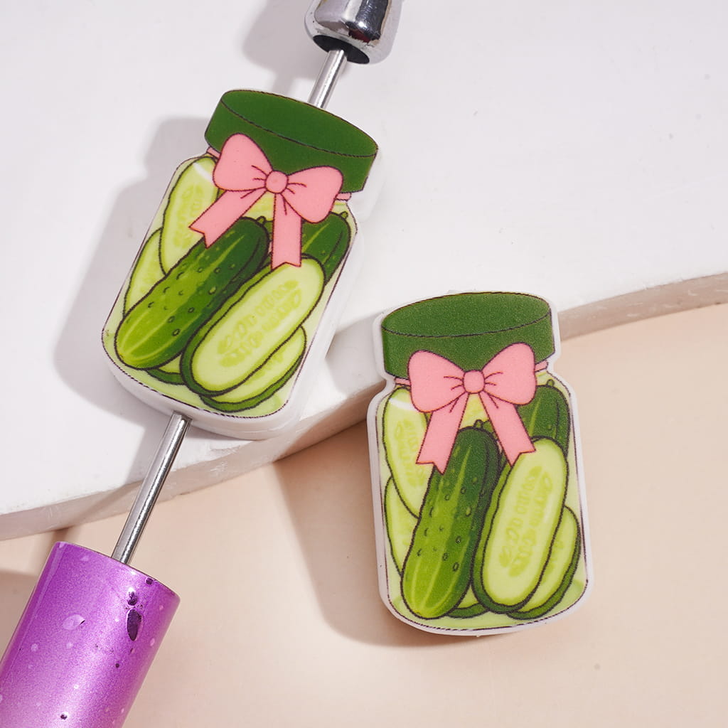 Silicone Focal Beads Pickled Cucumber Jar with Pink Bowtie