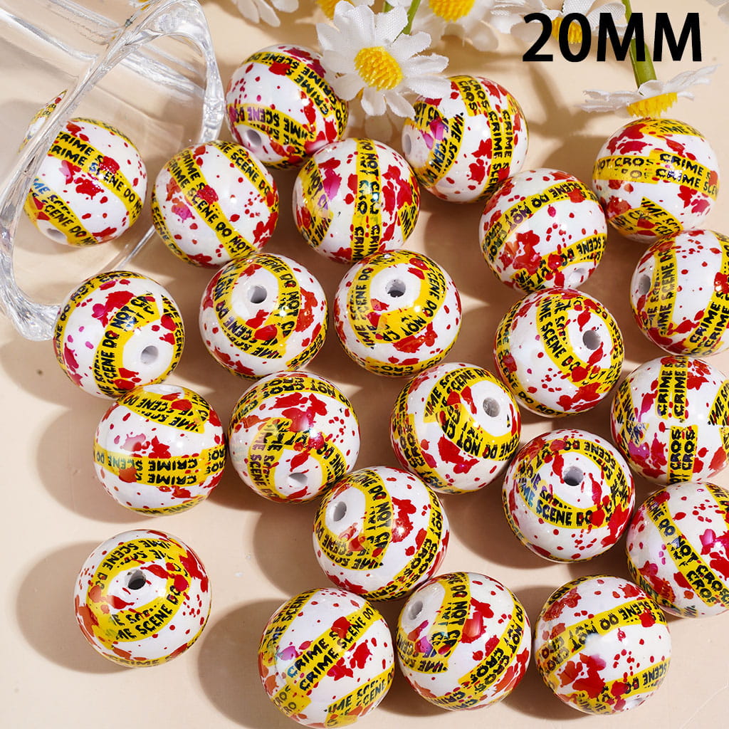 CRIME SCENE DO NOT CROSS - UV Coating Red Liquid & Yellow Tape Forbidden Line Patterns Acrylic Beads for Bracelets, 20MM