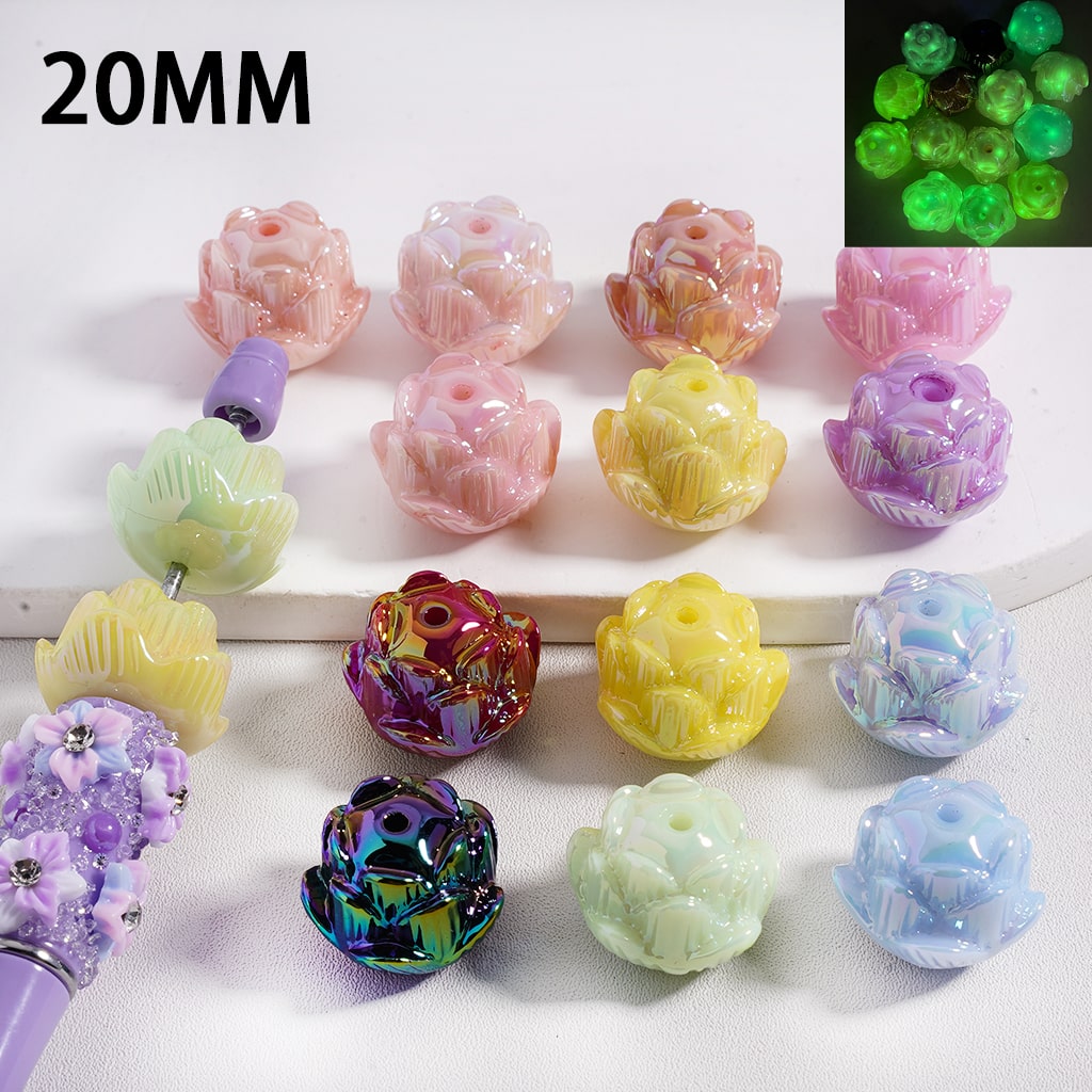Acrylic Beads UV Coating Luminous Cute Lotus Flower, 20MM, Random Mix