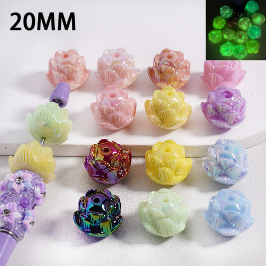 Acrylic Beads UV Coating Luminous Cute Lotus Flower, 20MM, Random Mix