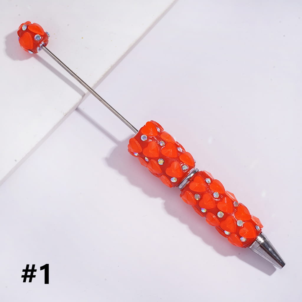 Beadable Clay Pens with Bling Bling Faceted Hearts and AB Rhinestones, Fluorescence Color