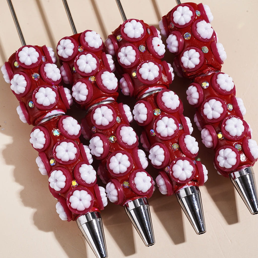 Beadable Clay Pens with Mangosteen and AB Rhinestone on Red Background