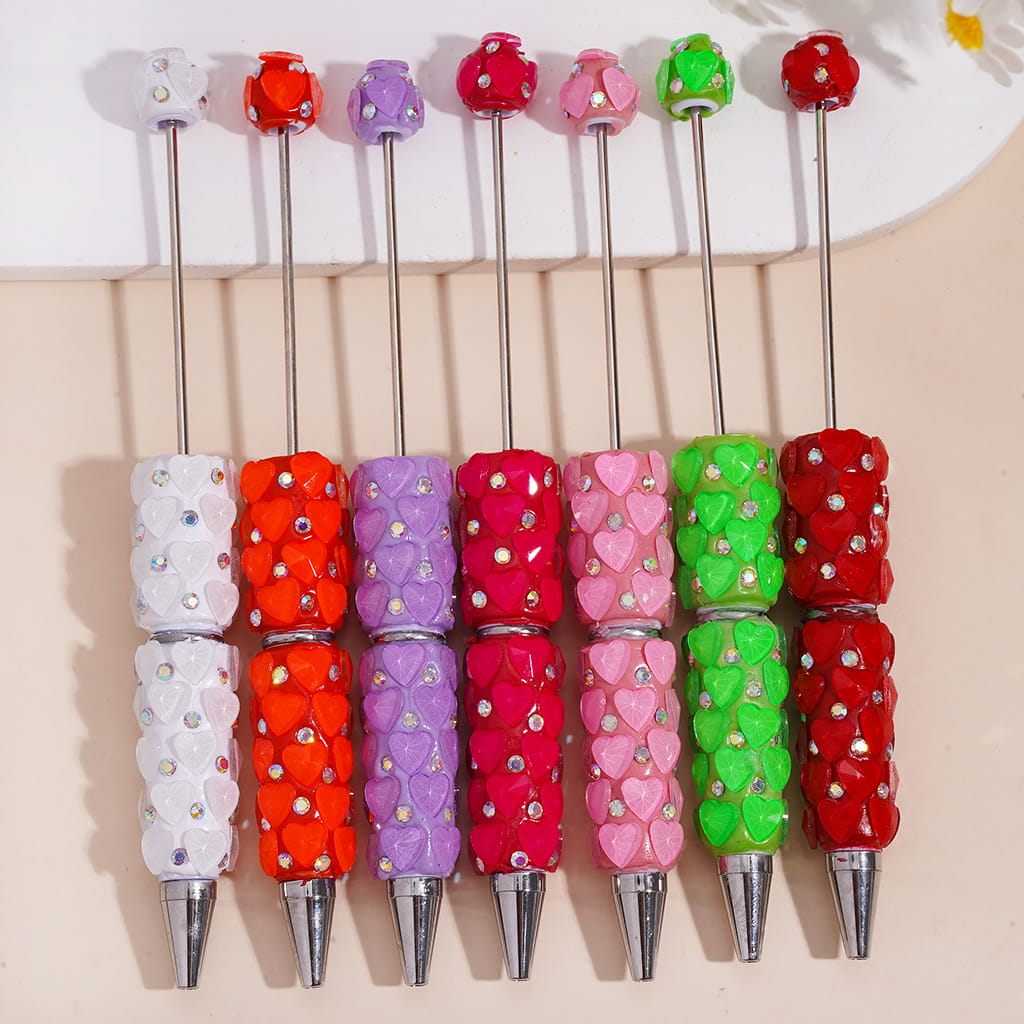 Beadable Clay Pens with Bling Bling Faceted Hearts and AB Rhinestones, Fluorescence Color