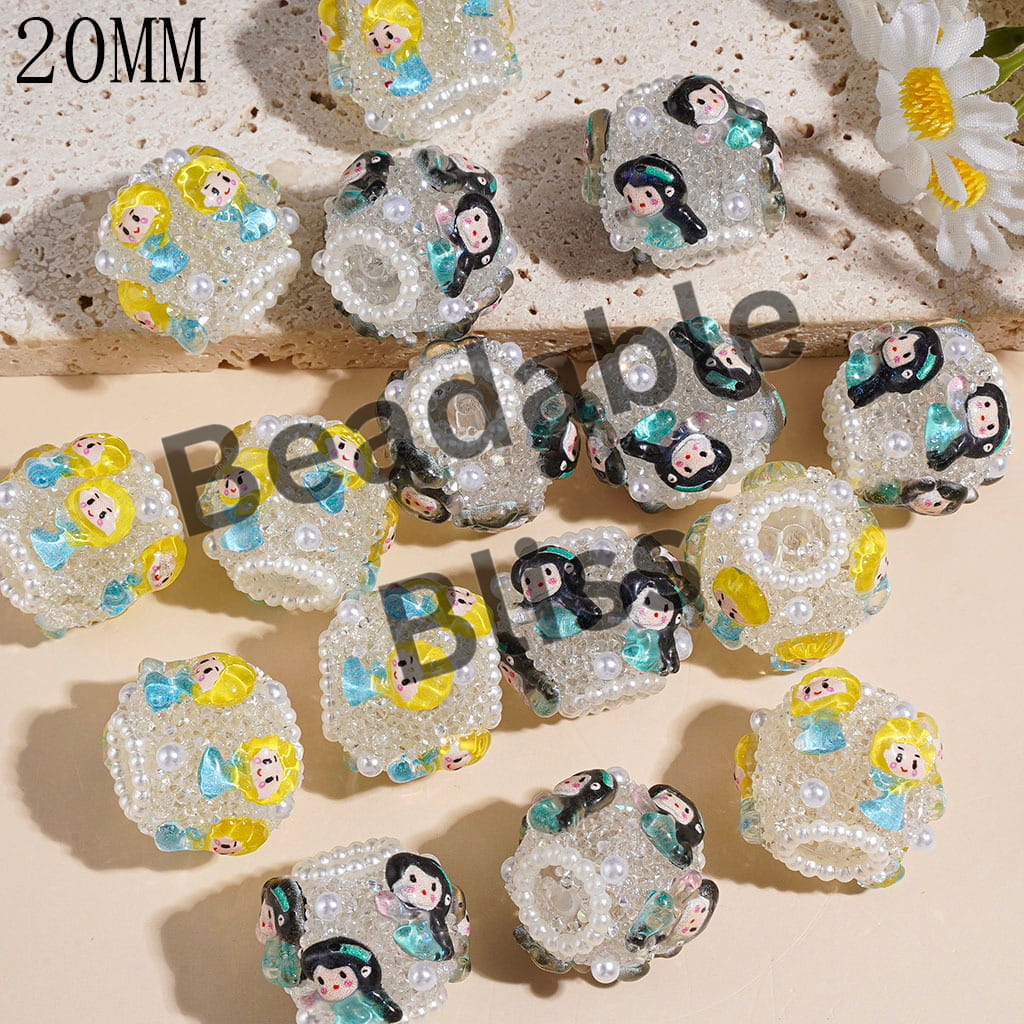 Handmade Acrylic Sugar Beads with Princess and White Pearl Chains, 20MM Multi-Color