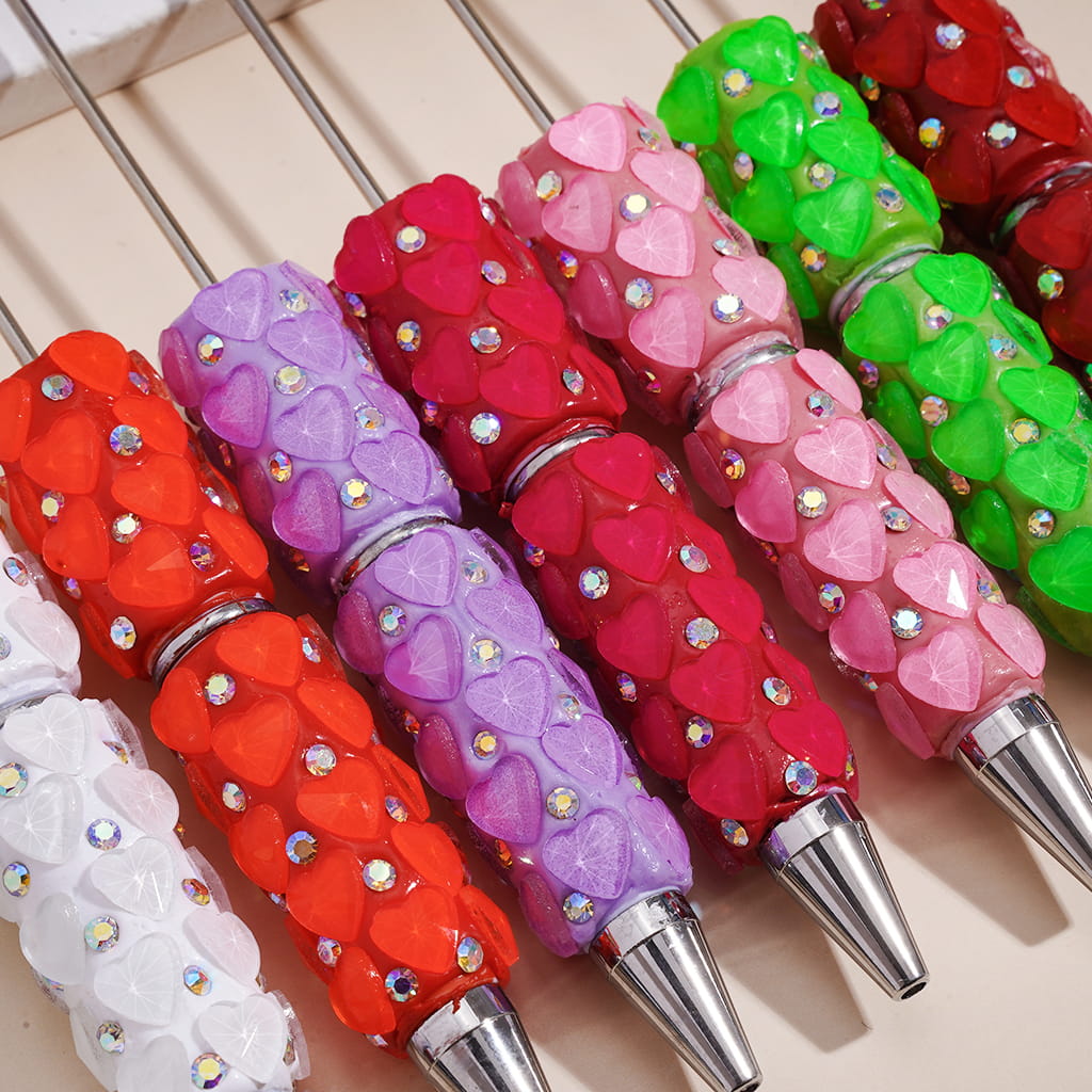 Beadable Clay Pens with Bling Bling Faceted Hearts and AB Rhinestones, Fluorescence Color