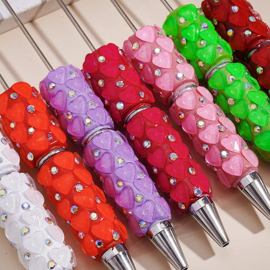 Beadable Clay Pens with Bling Bling Faceted Hearts and AB Rhinestones, Fluorescence Color