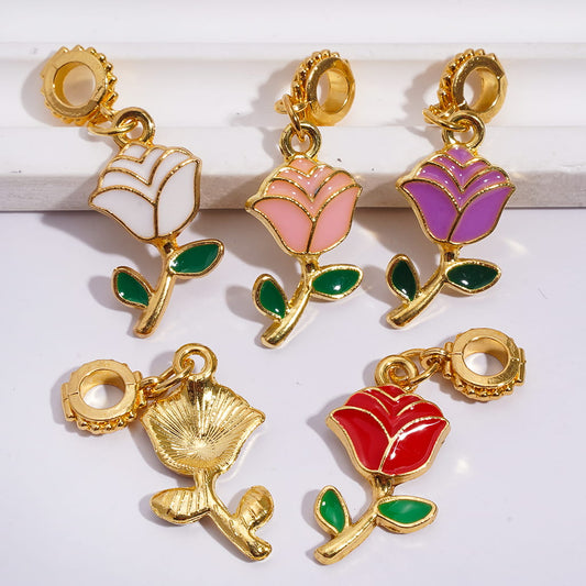 Gold Alloy Bail Jump Ring Beads, Charm Pendant Rose Flower Series in Various Colors, Random Mix