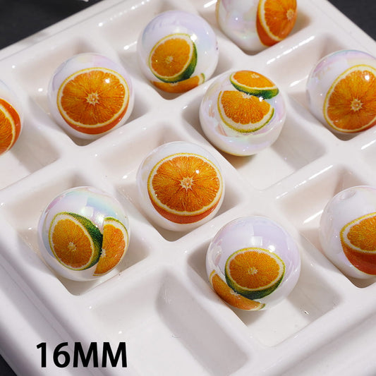 Acrylic Beads for Bracelets UV Coating with Fruit Orange Prints, 16MM, Random Mix