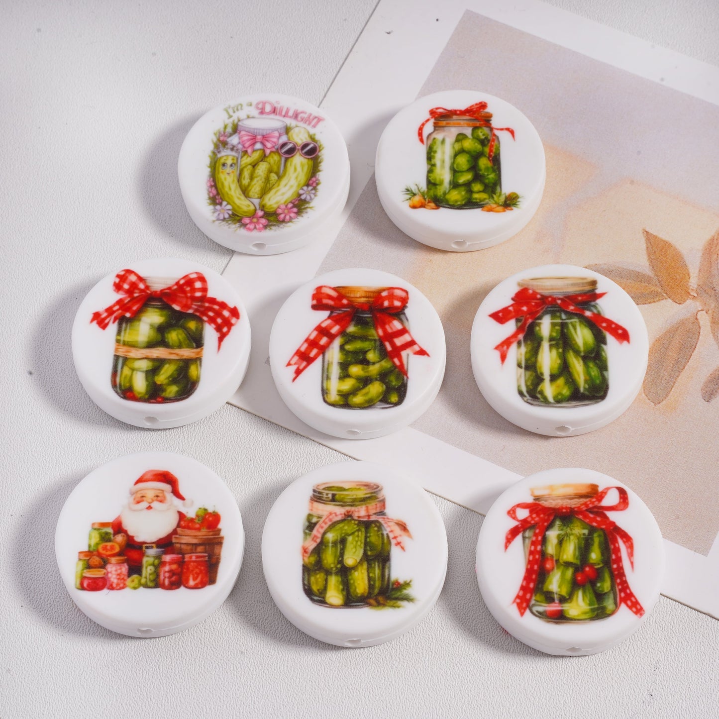 Silicone Focal Beads Pickled Cucumber Cans & Father Christmas Santa Claus, Flat Round Shape, Random Mix