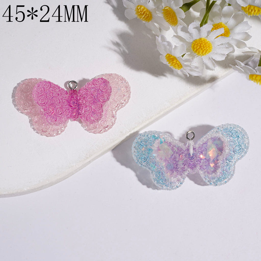Double Layer Butterfly with Matte Frosted Rose Flower & Gold Foil Paper Acrylic Pendants, 45*24MM, Multi-Colors, Random Mix