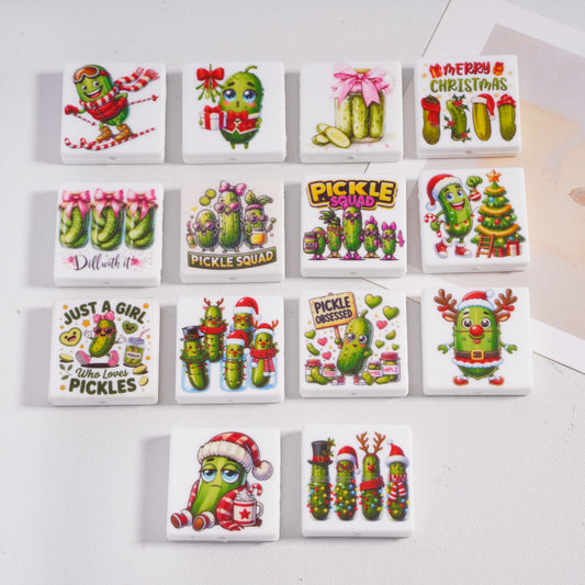 Silicone Focal Beads Pickled Cucumber & Christmas Series, Flat Square Shape, Random Mix