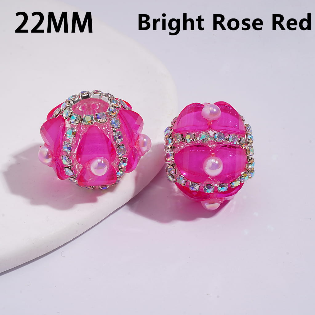Handmade Clear Acrylic Beads with Shiny Heart and Half-Shell Pearls, AB Rhinestone Chains, Neon Color, 22MM
