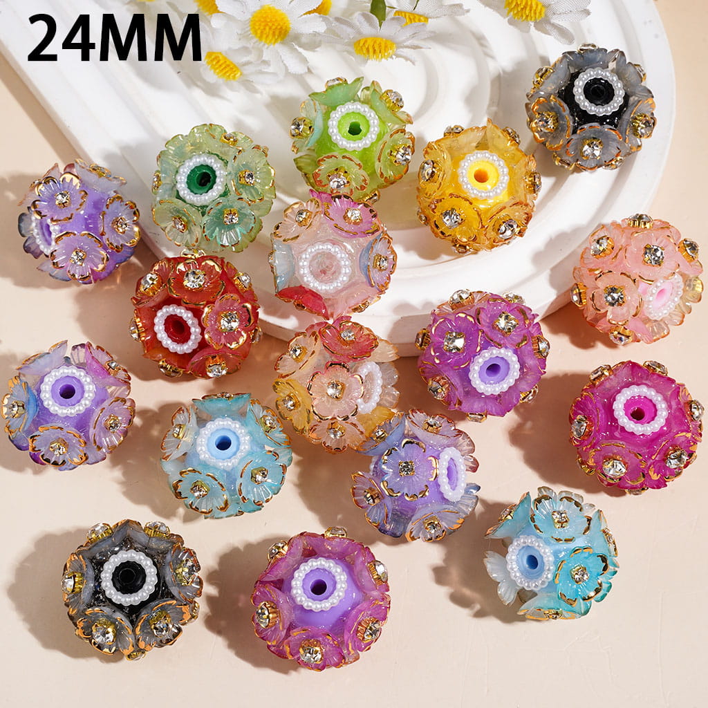 Handmade Acrylic Beads with Gold Edged Five-Petaled Flower & Cone Shaped Clear Rhinestones, White Pearl Chains, 24MM Random Mix Multi-Color