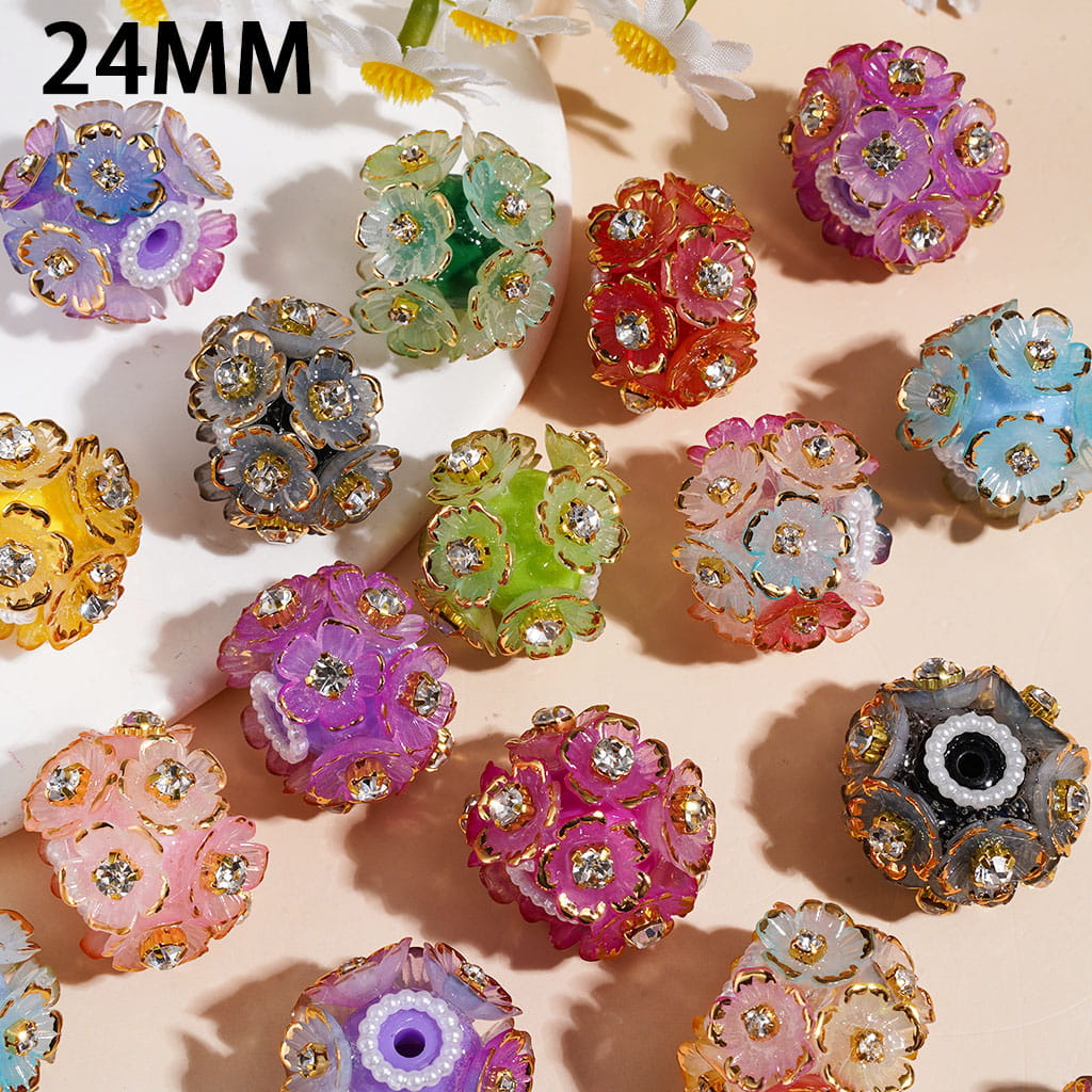 Handmade Acrylic Beads with Gold Edged Five-Petaled Flower & Cone Shaped Clear Rhinestones, White Pearl Chains, 24MM Random Mix Multi-Color