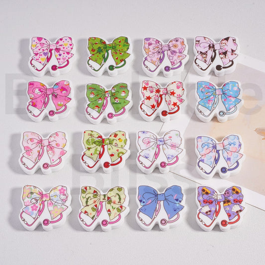 Silicone Focal Beads  Stethoscope Bowknot with Cute Cartoon Hello Kitt L-B-B Grinc My Melod Kurom, Random Mix