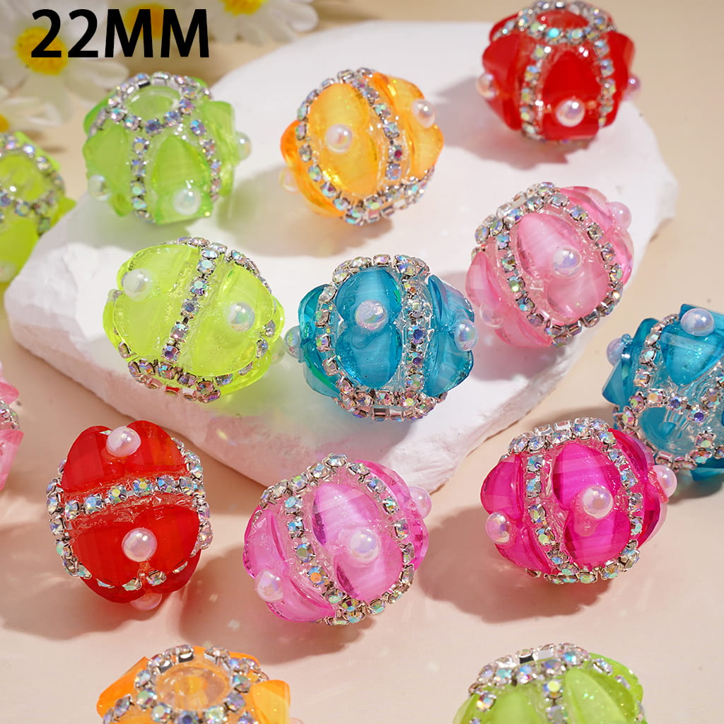 Handmade Clear Acrylic Beads with Shiny Heart and Half-Shell Pearls, AB Rhinestone Chains, Neon Color, 22MM